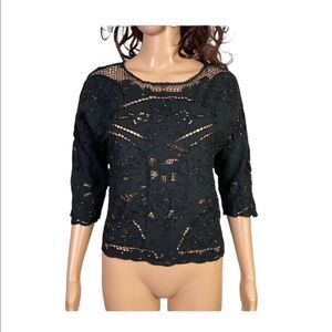 Faith Resortwear Black Lace Sequins 3/4 Sleeve Shirt Coverup S